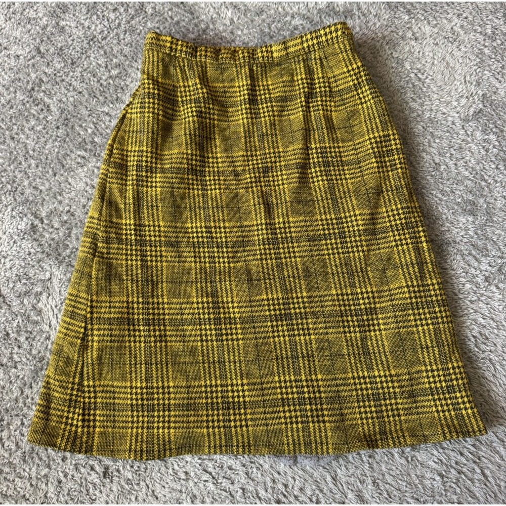 Vintage Bleyle Germany Wool Plaid Houndstooth A-Line Skirt Mustard Academia 12